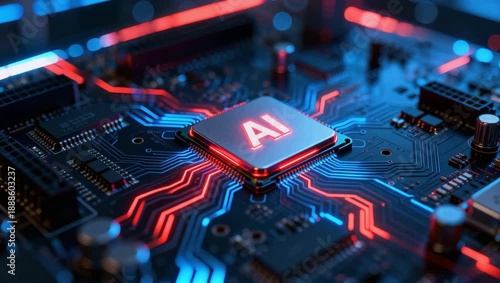 Artificial Intelligence concept 4k video, AI technology, circuit motherboard computer chip design, machine learning, deep learning, computer vision, data network analysis futuristic background