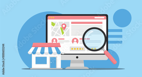Illustration showing an online storefront beside a computer monitor, with a magnifying glass over the screen, symbolizing local search, maps, reviews, and digital marketing for small businesses.