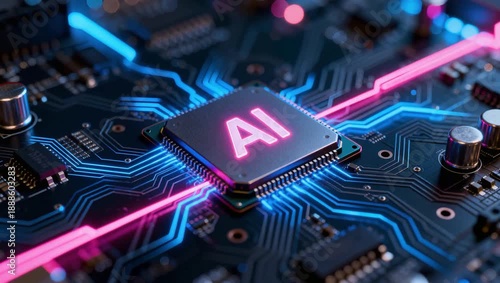 Artificial Intelligence concept 4k video, AI technology, circuit motherboard computer chip design, machine learning, deep learning, computer vision, data network analysis futuristic background