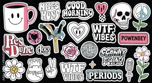 Vector illustration of colorful cartoon-style stickers featuring expressive icons, quirky text, and playful symbols on black background