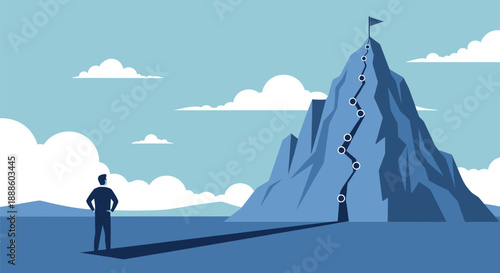 Business Leader Standing At Foot Of Mountain, Gazing Toward Summit Path With Steps To Success