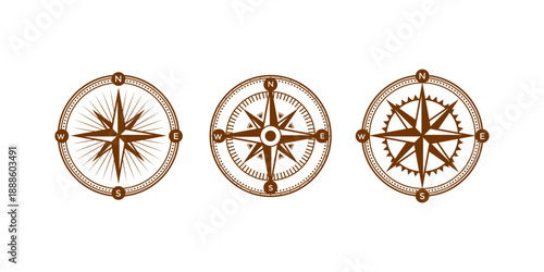 Compass icons set. marine wind rose, nautical chart. Monochrome navigational compass