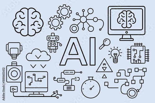 AI workflow doodle hand drawn illustration featuring brain robot gears neural network computer screen data flow cloud and AI technology concepts creative sketch style for digital design.