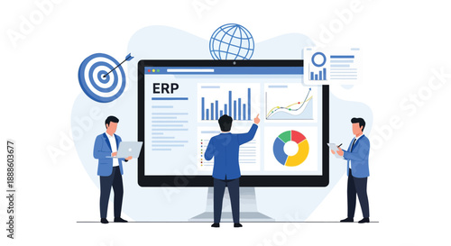 Business Analytics Team Presenting ERP Dashboard On Large Screen With Charts And Graphs