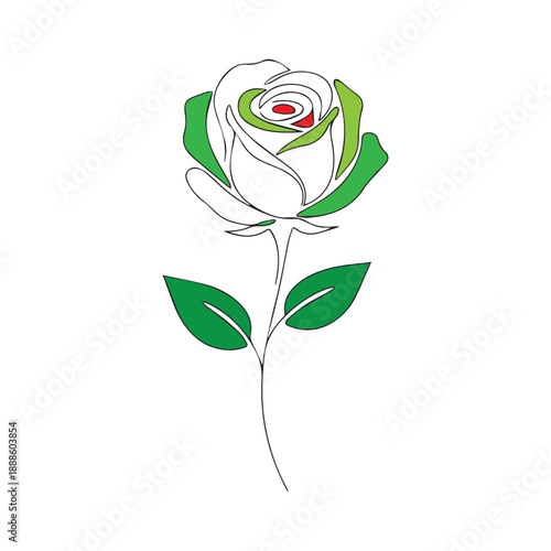 Continuous Line Drawing of a Rose with Green Leaves and Red Center Detail Isolated on White Background
