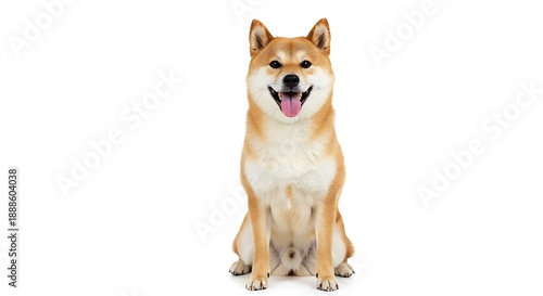 Smiling shiba inu dog sitting isolated on white background and looking at the camera with tongue out