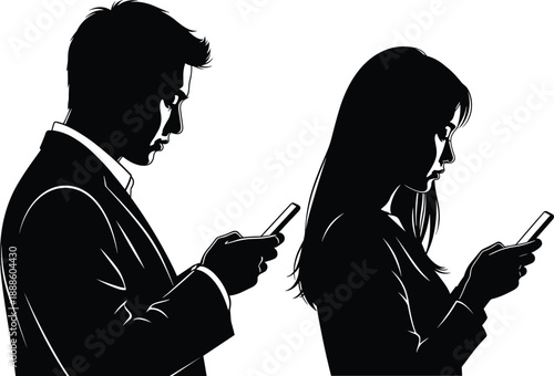 Man And Woman Using Smartphones Facing Opposite Directions Silhouette Vector Illustration
