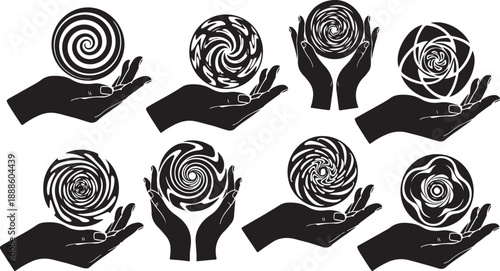 Hands holding various spiral designs and shapes in black