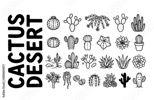 Cactus Desert Succulent Plant Hand Drawn Black Vector Icon Set - Saguaro Prickly Pear Garden Line Art Collection