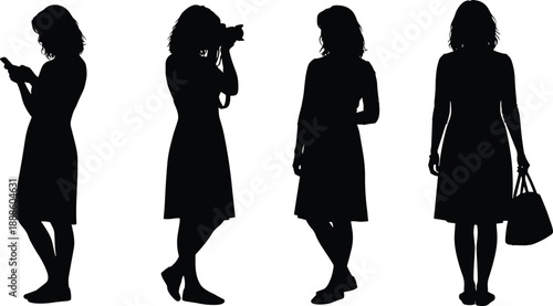 Woman Using Smartphone And Camera Standing Silhouette Vector Illustration Set People