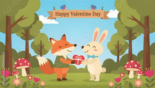 Cute Fox and Rabbit Exchange Valentine's Gift in Enchanted Forest, Celebrating Love and Friendship in a Whimsical Nature Scene