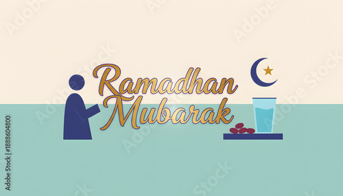 Ramadhan Mubarak Greeting with Muslim Praying Figure, Dates, and Water for Iftar Celebration