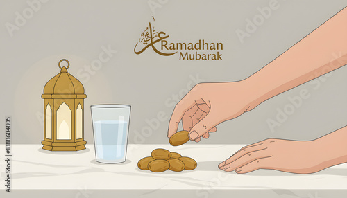 Ramadhan Mubarak: Hands Reaching for Dates and Water for Iftar, Celebrating Fast Breaking and Islamic Tradition