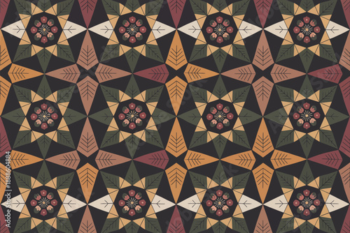Geometric Pattern with Floral and Leaf Motifs in Earth Tones