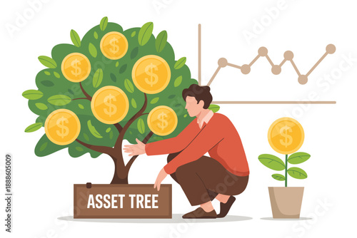 Man Tending to a Tree with Dollar Coins as Leaves Labeled Asset Tree