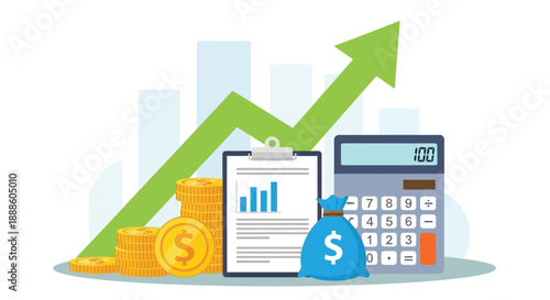 Financial Growth Concept With Coins, Money Bag, Calculator, and Upward Arrow Graph Showcasing Profit Trends