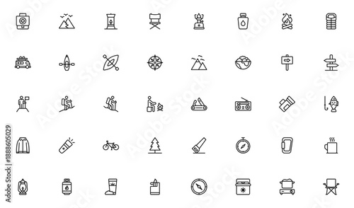 Hiking and Outdoor Survival Line Icon Set – Adventure and Wilderness Linear Symbols Including Tent, Backpack, Hiking Boots, Survival Map, Campfire and Mountain Icons