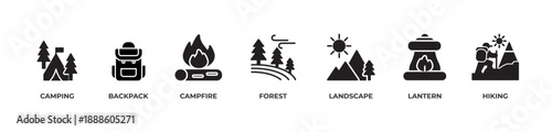 Nature Camping Icon Pack Icons set vector illustration glyph with Camping, Backpack, Campfire, Forest, Landscape, Lantern, Hiking