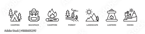 Outdoor Adventure Icons set vector illustration outline with Camping, Backpack, Campfire, Forest, Landscape, Lantern, Hiking