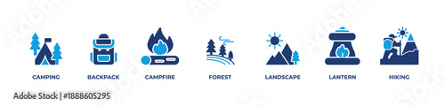 Outdoor Adventure Icons Icons set vector illustration with Camping, Backpack, Campfire, Forest, Landscape, Lantern, Hiking