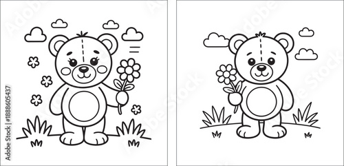 Two panels displaying a cute teddy bear holding flowers with slight differences design