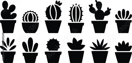 A comprehensive grid showcasing various black silhouette cactus and succulent plants in pots on white