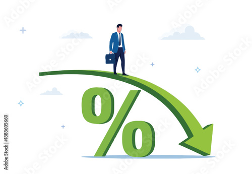 Professional Man Standing On Green Arrow Curve Over Large Percent Symbol Signaling Downward Trend in Finance