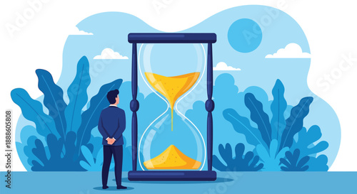 Businessman in a blue suit observes a towering hourglass in a stylized outdoor setting. The scene conveys time, patience, deadlines, and strategic planning in a modern, corporate context.