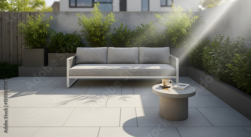 Modern Patio Furniture Set on a Sunny Terrace with Lush Planters and Minimalist Design