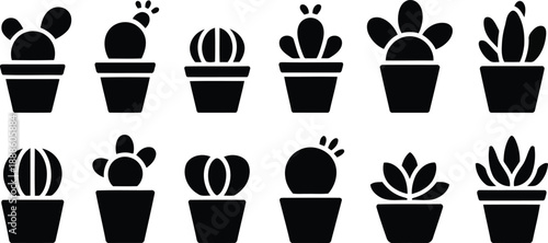 A comprehensive visual array featuring black silhouette potted cacti and succulents in two neat rows
