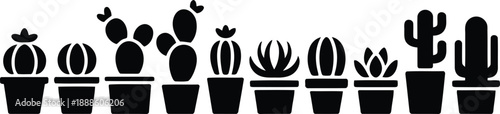 A delightful assortment of ten potted black cactus and succulent silhouettes stands in a clean horizontal row