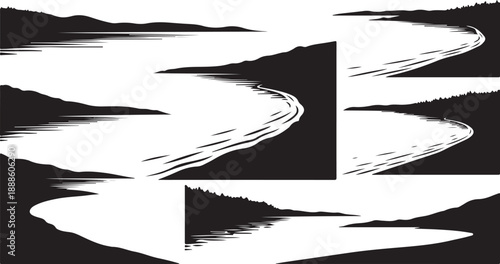 Abstract black and white landscape with geometric shapes moving