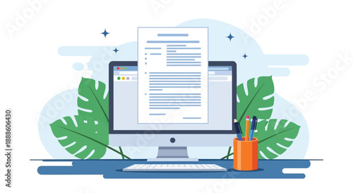 Digital Workspace With Document On Screen, Computer Monitor, And Office Desk Accessories