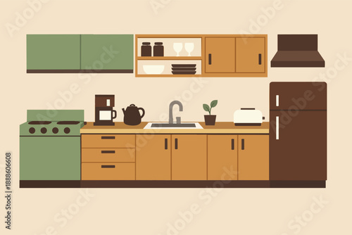 Mid-century modern kitchen interior design showcasing retro appliances and furniture