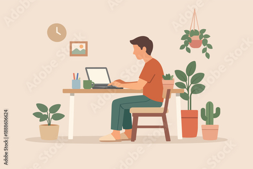 Man working on laptop at home office surrounded by plants, focusing on remote work
