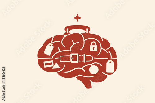 Brain shaped like a suitcase packed with thoughts, memories, and mental baggage