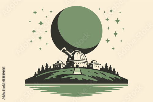 Astronomical observatory with telescope on a hill observing a crescent moon and stars