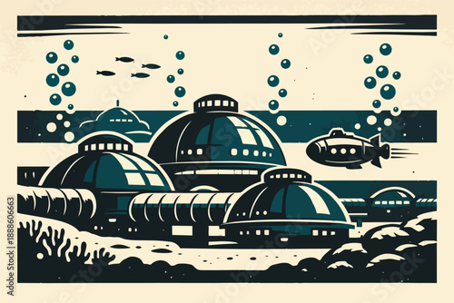 Underwater city with submarine navigating a retro futurism ocean habitat