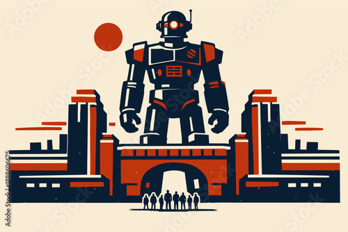 Giant robot dominating a dystopian retrofuturistic city, people observing below