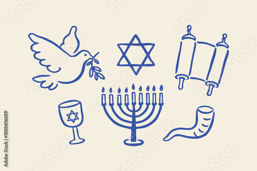Jewish Hanukkah symbols doodle line art vector illustration