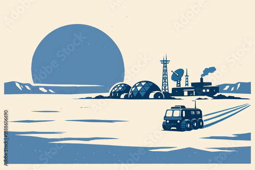 Lunar base exploration with rover in retro science fiction landscape