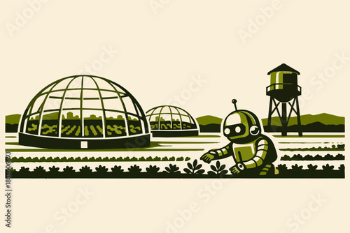 Robot farming fields near futuristic geodesic domes and water tower