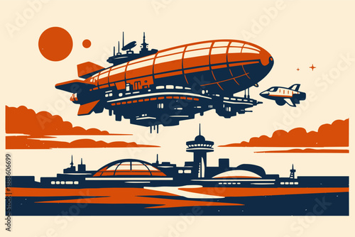 Retro sci-fi city with a flying dirigible, shuttle, and planets in an orange sky