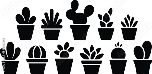 A wonderful selection of simple potted succulent and cactus plant silhouettes arranged in two neat rows