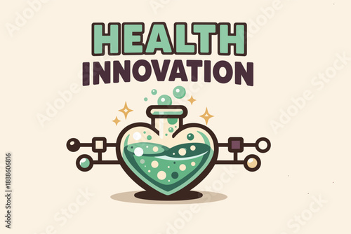 Health innovation concept with heart-shaped flask and connected scientific elements