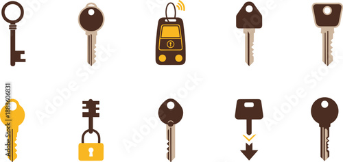 Key and security icons collection, house door car digital access keys, lock safety symbols set isolated on white