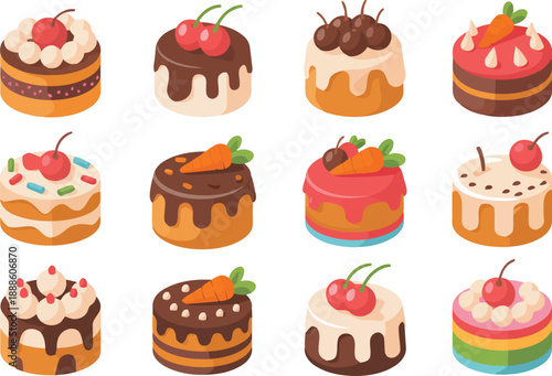 An assortment of twelve beautifully decorated small individual cakes featuring various colorful toppings and glazes