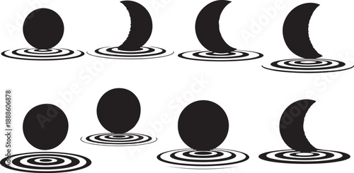 Black Silhouettes of Moon Phases in Water Ripples Sequence