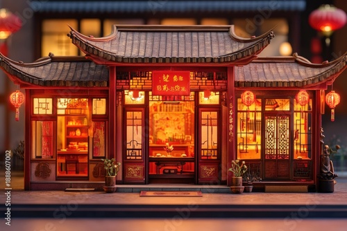 Nighttime Scene of Lantern Shop, Chinese Architecture, Urban Street, Photo, Vibrant Red and Gold, Front View, Traditional Asian Culture and Festive Ambience