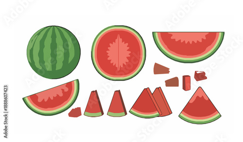 Watermelon cartoon icon set summer fruit clipart whole slice vector